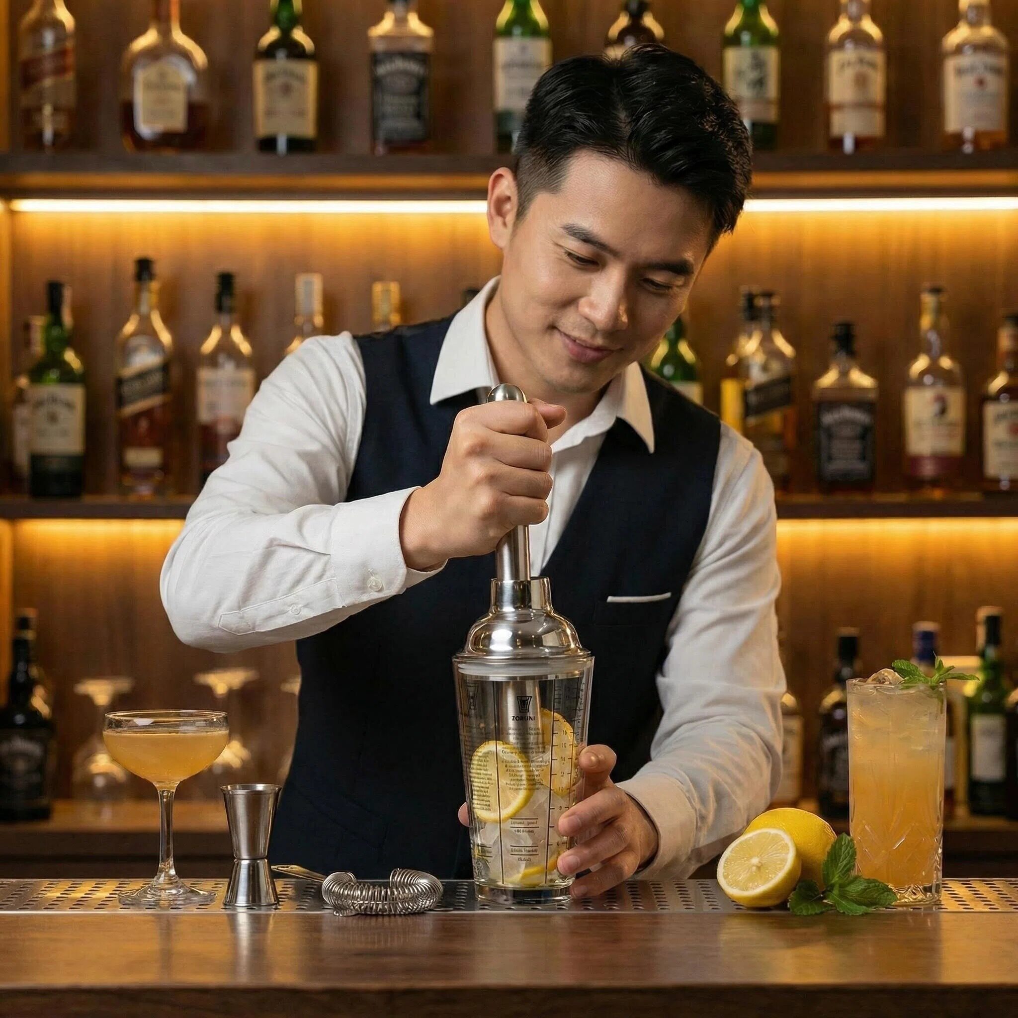 日本304不锈钢调酒器玻璃雪克杯手摇壶鸡尾酒吧shake调酒工具套装