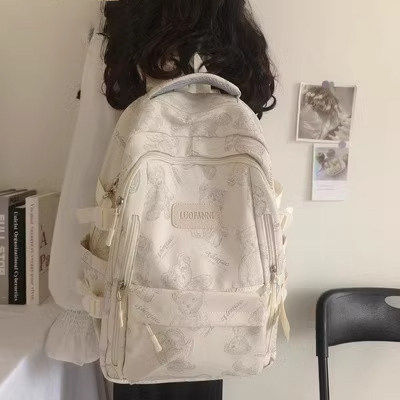 日本严选书包女简约百搭小众设计印花小熊大学生电脑背包初中生