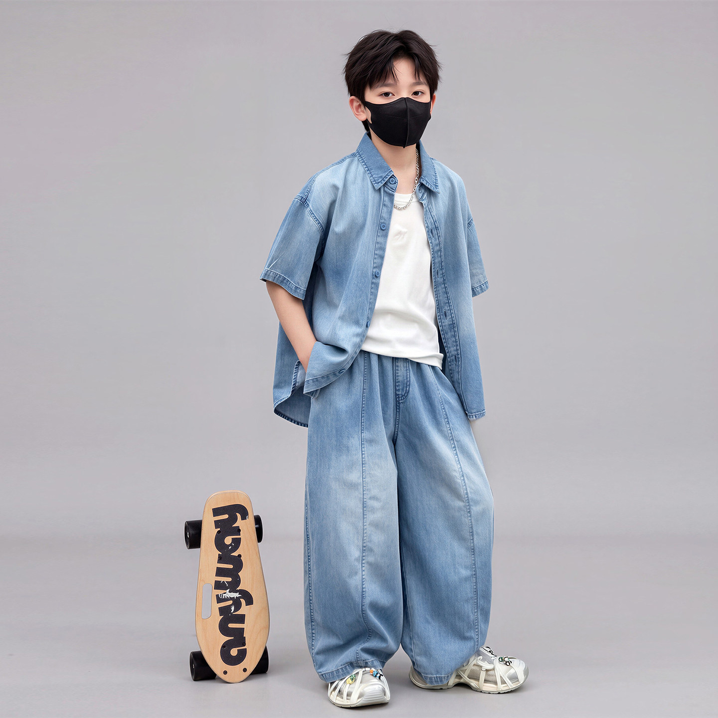 左西官方旗舰店童装男童夏装牛仔套装2026新款夏季薄款大童短袖夏