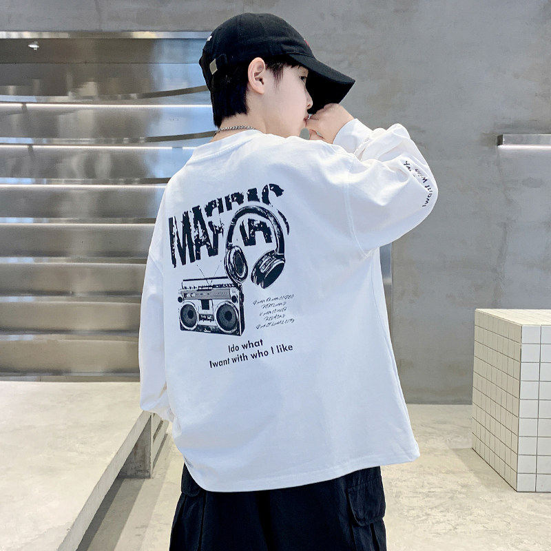 左西风云儿童男童春秋款长袖白色T恤2026新款春装内搭纯棉体恤打