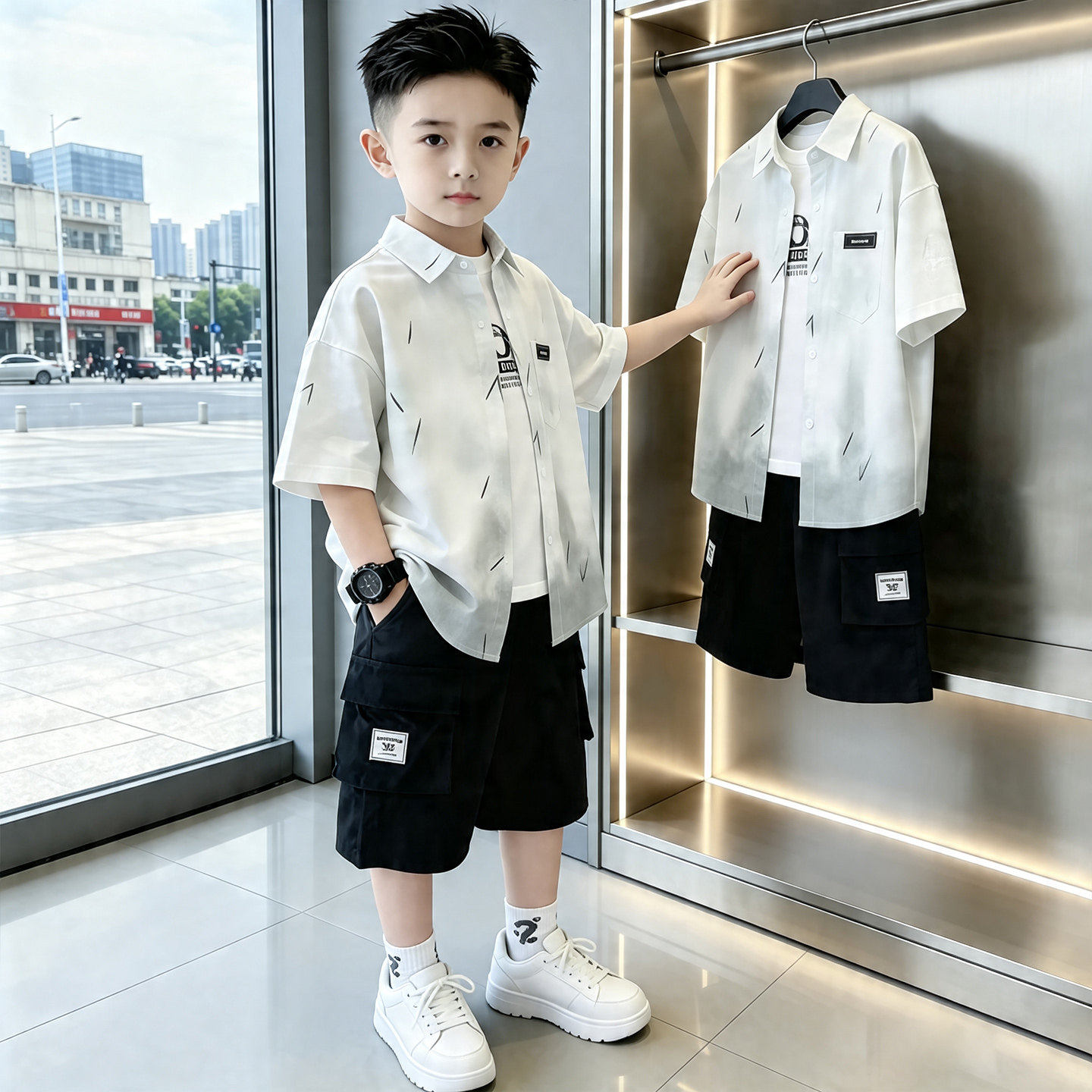 左西官方旗舰店童装男童夏装衬衫套装2026新款夏季男孩短袖大儿童