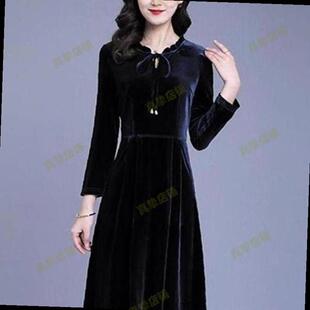 金丝绒连衣裙女长袖气质显瘦A字打底裙黑色优雅秋冬季百搭大码