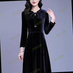 金丝绒连衣裙女长袖气质显瘦A字打底裙黑色优雅秋冬季百搭大码