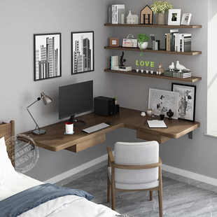 全实木悬空转角书桌书架组合壁挂式 拐角电脑桌墙上悬挂l型办公桌