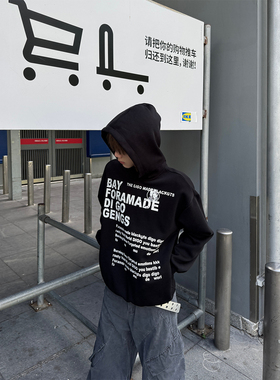 ClothesTrader复古字母印花连帽卫衣男宽松潮牌痞帅慵懒外套情侣