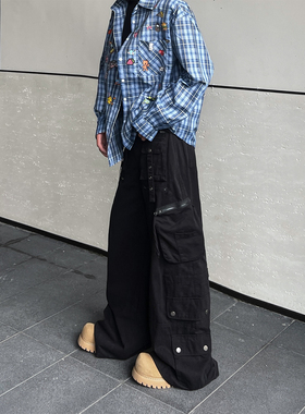 ClothesTrader美式多口袋飘带拉链拼接层次阔腿低腰工装休闲裤潮