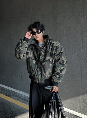 NineEight 美式重磅短宽立领双面穿迷彩飞行夹克棉服男女外套潮