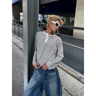NINEEIGHT 美式亨利领条纹长袖T恤男松弛感慵懒通勤穿搭上衣