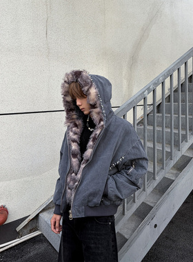 CLOTHESTRADER高街毛绒连帽夹克男 珍珠装饰做旧宽松夹棉外套潮