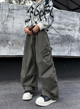 CLOTHESTRADER 复古多口袋设计宽松阔腿工装裤男显瘦直筒拖地裤