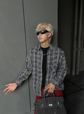 ClothesTrader美式复古扎染字母涂鸦格子cleanfit长袖衬衫男女潮