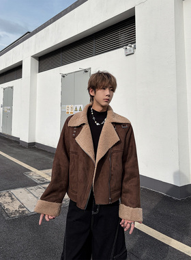 CLOTHESTRADER 复古羊羔毛机车夹克男女 麂皮绒加厚翻领外套潮