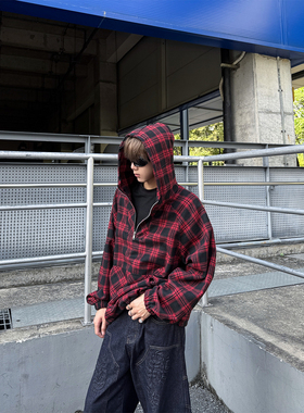 ClothesTrader复古格纹抽绳半拉链连帽卫衣男无性别休闲宽松帽衫