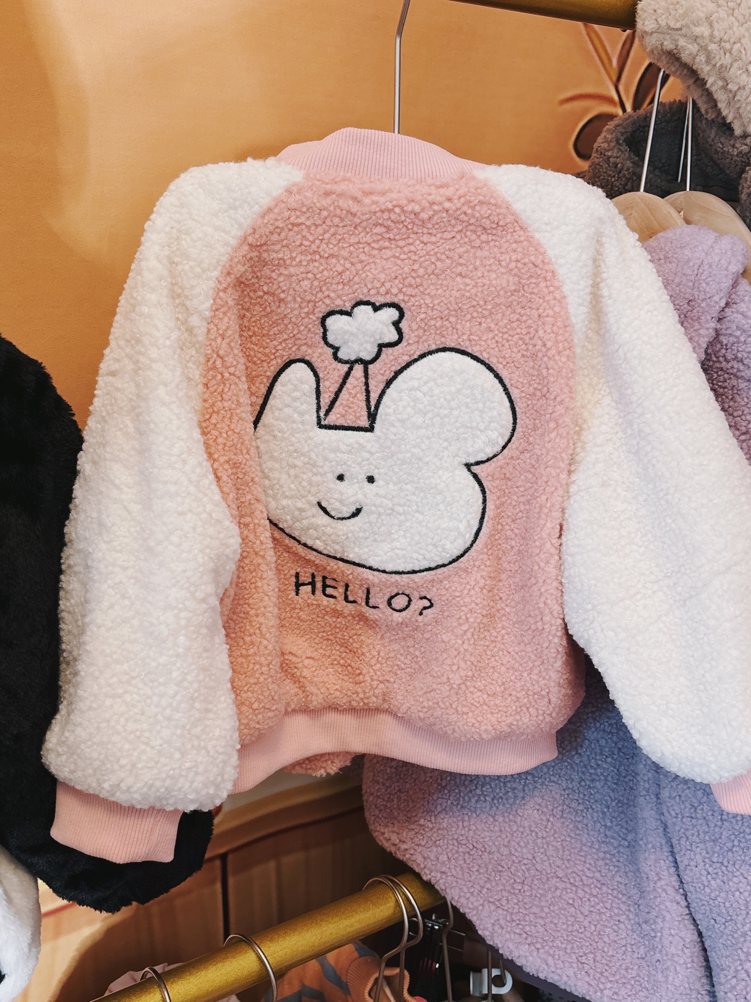 炒饭家女宝加绒泰迪绒羊羔绒棒球服外套粉拼白可爱秋冬保暖加厚