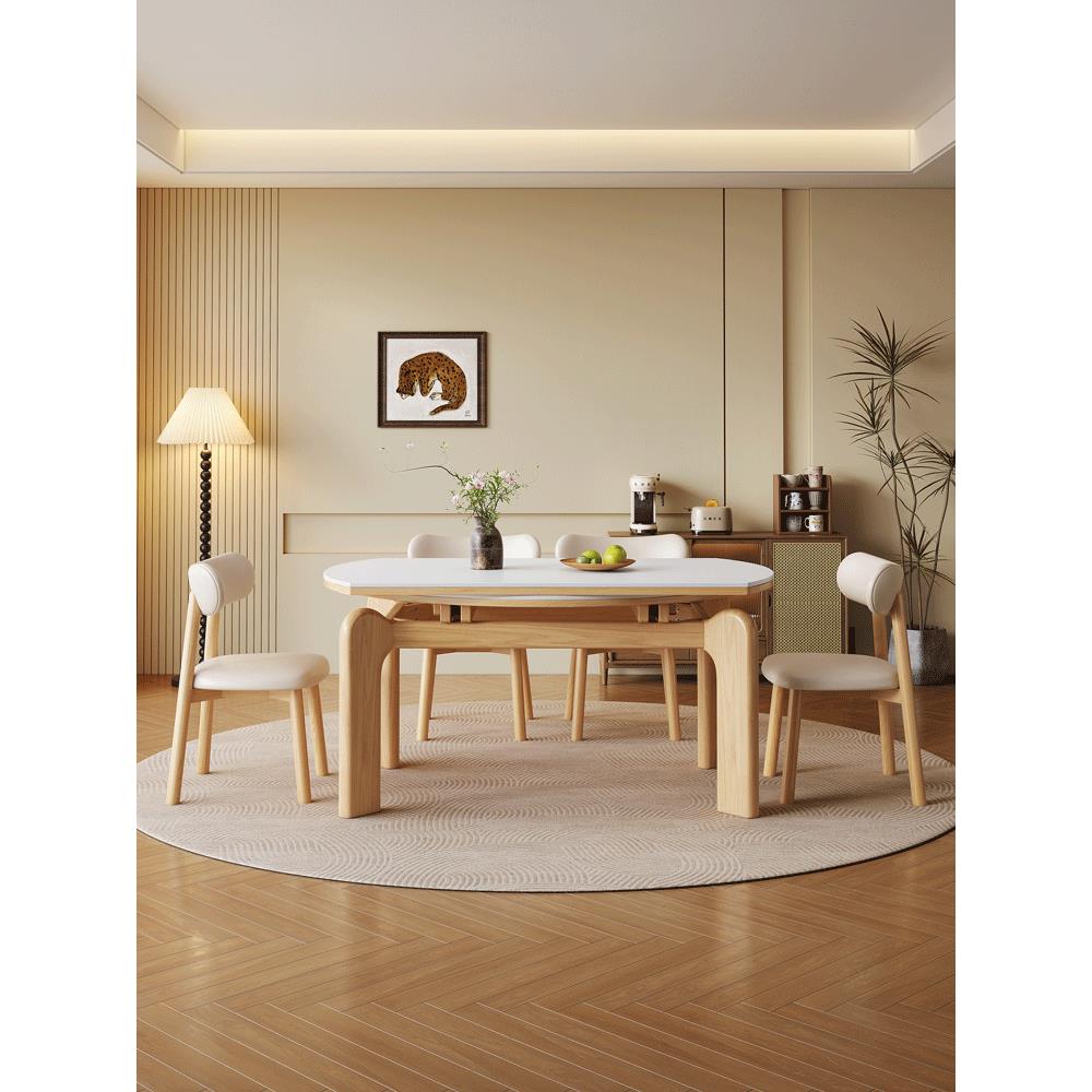 北欧实木岩板伸缩餐桌椅组合家用小户型原木风可折叠方圆两用饭桌