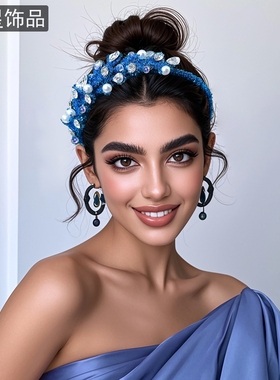 怡星轻奢闪闪发箍蓝色水钻扭扭棒手工编织头饰千金风节日头箍A372