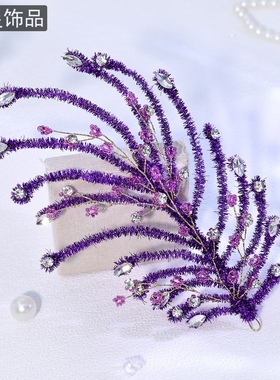 怡星新款手工树枝造型头饰珍珠水钻发片新娘紫色发带派对发饰A376