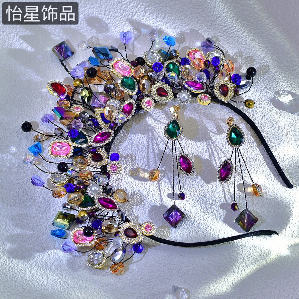 怡星时尚彩色皇冠成套儿童表演时尚奢华镶钻发饰耳饰项链套装A46