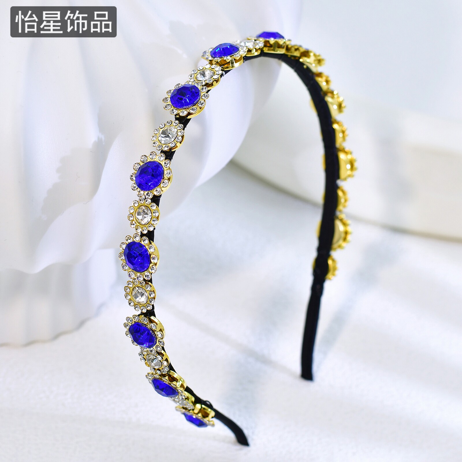 怡星简约水钻蓝色复古头箍