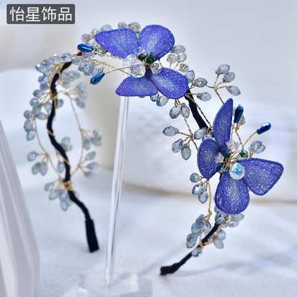 怡星轻奢复古花朵发箍蓝色水晶装饰头饰气质百搭蝴蝶时尚发饰A413
