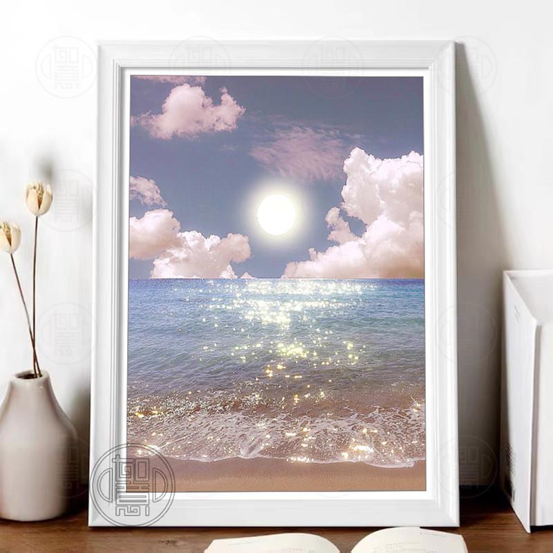 海边日出钻石画2024新款治愈系风景砖石贴画卧室简约点粘钻十字绣