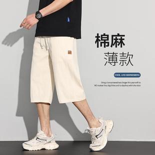直筒宽松学生亚麻中裤 七分裤 7分棉麻透气休闲运动短裤 男夏季 薄款