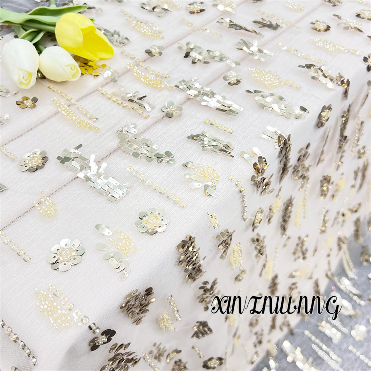 2023新品珠片婚纱礼服面料 网纱春夏旗袍晚礼服亮片珠绣面料布料