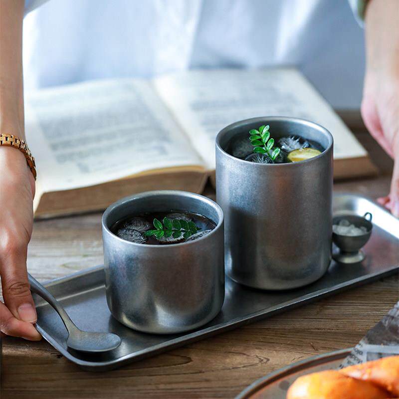 覆古做旧雪花灰 创意双层304不锈钢隔热防烫杯子咖啡杯带盖子饮品