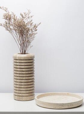 现代简约天然黄洞石花器桌面装饰摆件客厅茶几大理石果盘台面花瓶