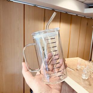 家用水杯男泡茶杯玻璃杯ins风带盖子把吸管简约大容量办公室杯子