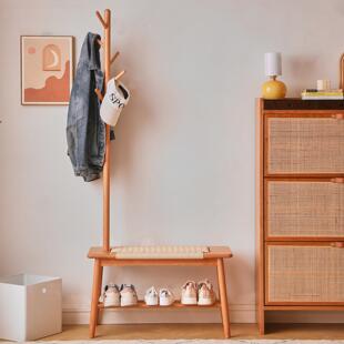 换鞋凳门口家用落地挂衣架一体樱桃木长条凳衣帽架实木白橡木鞋架
