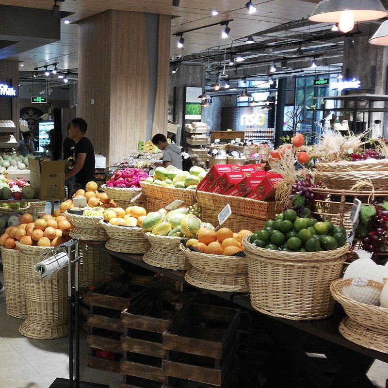 藤编生鲜陈列筐水果架子水果店摆果框超市果蔬堆头蓝生鲜展示筐框
