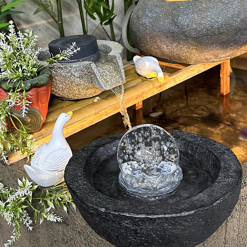 仿真石臼石磨转j运水晶球流水造景过滤水缸古法养鱼树脂材质摆件
