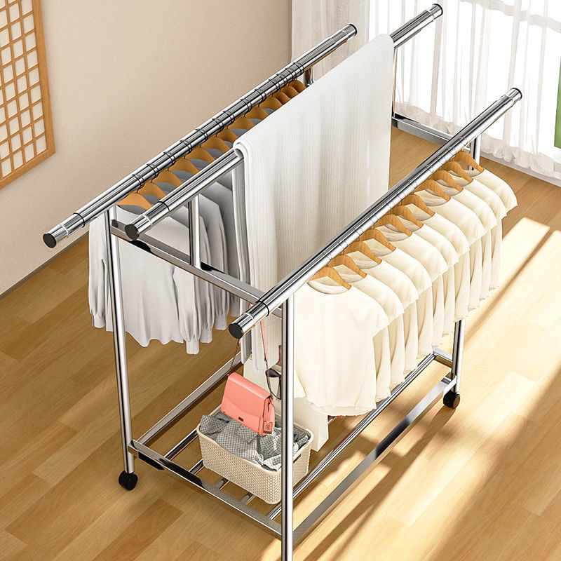 不锈钢晾衣架子落地折叠伸缩双杆室内家用K阳台移动晒被子架凉衣