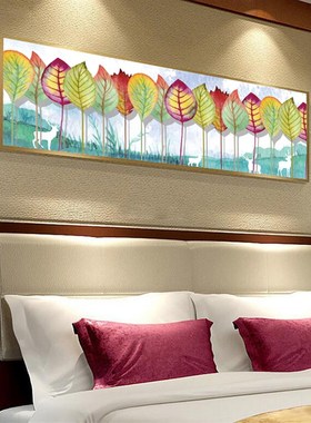 2330床后墙面装m饰画卧室墙头长横版轻奢床头挂画酒店宾馆多彩树