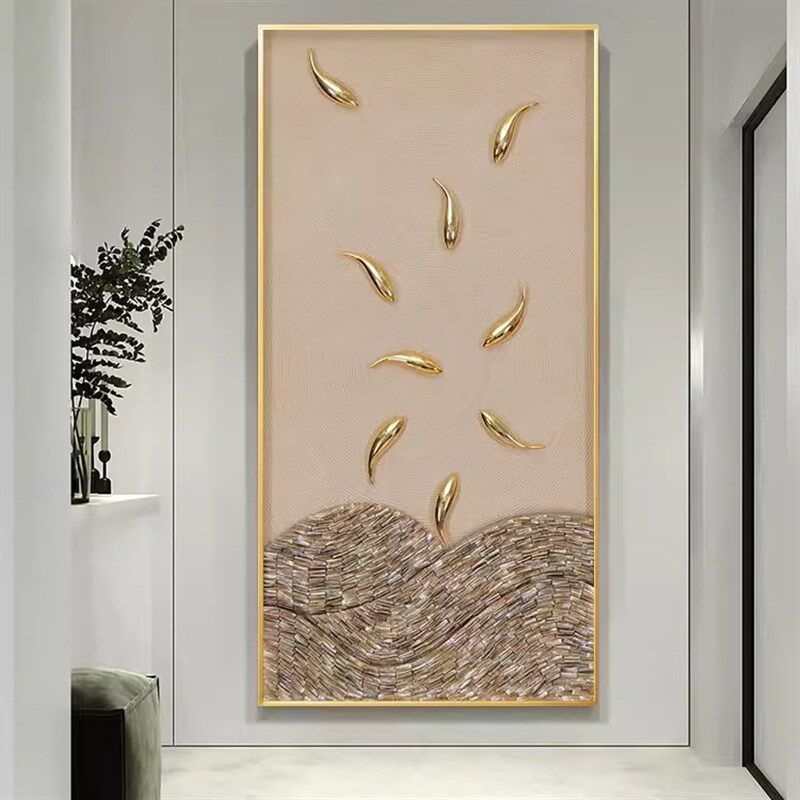 聚财九鱼c图入户玄关装饰画手工贝壳油画竖版轻奢高档走廊过道挂
