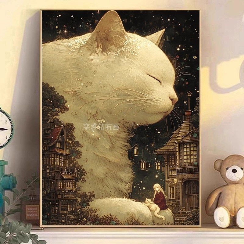 新款DIY方钻满贴钻钻石画钻石绣巨型白猫脚上的小W女孩与小白猫,居家布艺,钻石绣,淘宝优惠券,粉丝福利购,淘宝优惠卷