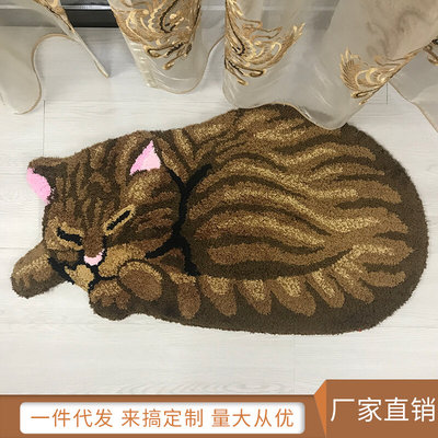 不规则可爱毛绒黄褐色创意动物猫咪儿童家用保暖防滑地毯