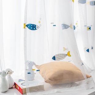 小鱼卡通纱帘儿童房男孩飘窗窗帘卧室幼儿园短款 小窗户魔术贴窗纱