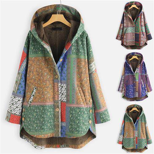 women winter coat 民族风印花连帽宽松大码加绒加厚女士棉服外套