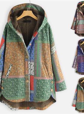 women winter coat 民族风印花连帽宽松大码加绒加厚女士棉服外套