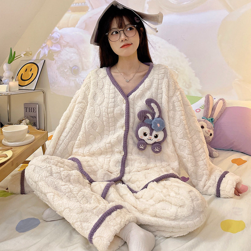 【清仓】珊瑚绒睡衣女士冬季开衫加绒加厚法兰绒卡通家居服套装