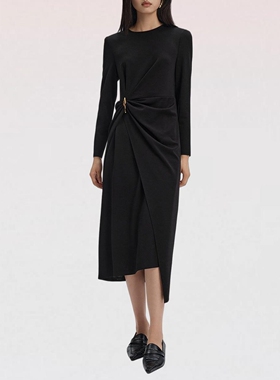 奈商场同款2026春季新款黑色木兰褶气质显瘦羊毛连衣裙XF06318W0