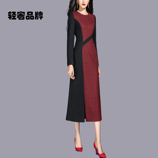 朗姿约定毛呢连衣裙秋冬款女装2026年新款修身显瘦拼接包臀裙子女