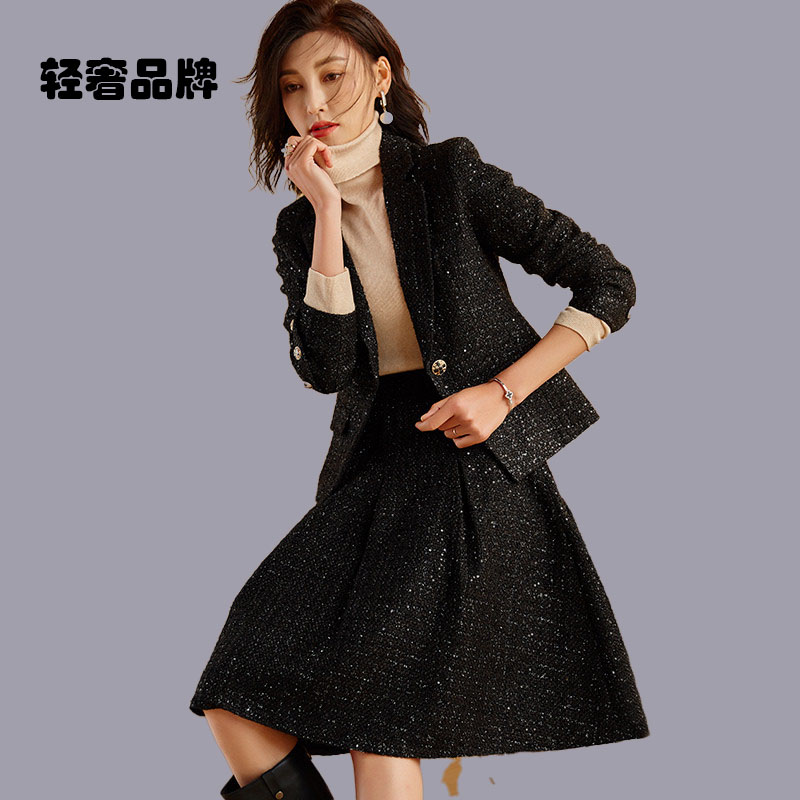 朗姿约定小香风套装名媛2026春秋显瘦毛呢外套半身裙收腰两件套女