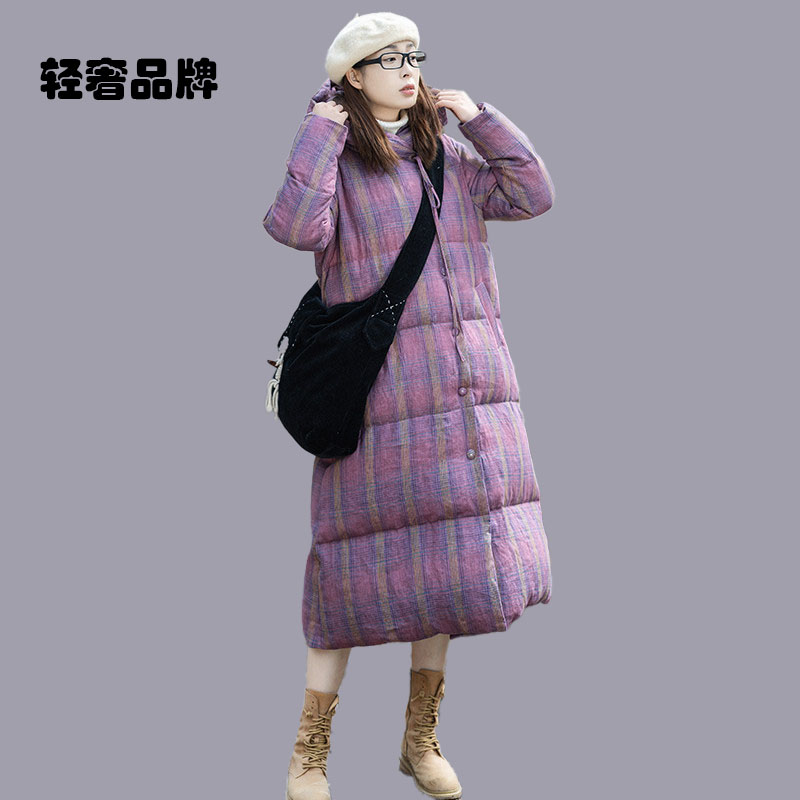 朗姿约定文艺色织亚麻格羽绒服女羽绒服