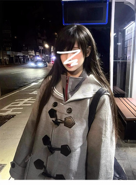 灰色牛角扣毛呢外套女秋冬季2025新款高级感小个子中长款呢子大衣