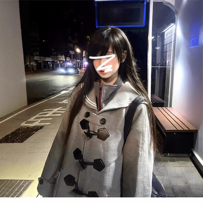 灰色牛角扣毛呢外套女秋冬季2025新款高级感小个子中长款呢子大衣