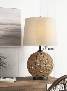 2022年新款亚马逊铁艺编织藤圆球布艺美式复古乡村台灯中山厂家