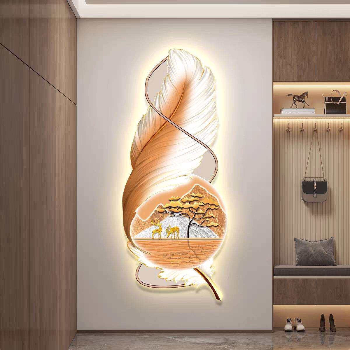 羽毛led带灯入户玄关装饰画走廊壁画过道挂画简约现代墙画